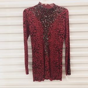 NWT Fontana Beaded Animal Print Ribbed Red Top